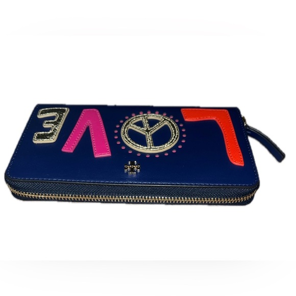 Tory Burch Peace Zip Continental Leather Wallet Navy Sea Retro Love Design - Picture 6 of 12